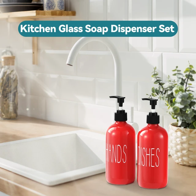 Alt view image 2 of 7 - Glass Soap Dispenser Set 2 Pack,16 Oz Dish Soap Dispenser for Kitchen Sink,Red Kitchen Accessories and Kitchen Decor,Red Decorations and Kitchen Utensils for Kitchen