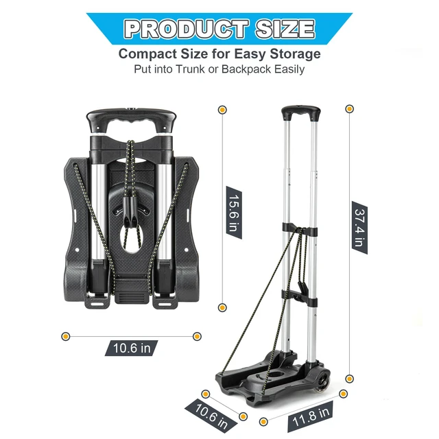 Alt view image 2 of 7 - Small Folding Hand Truck Dolly with 2 Wheels, Foldable Luggage Cart Lightweight Aluminum Collapsible Cart Portable Dolly for Airport Travel Moving Use