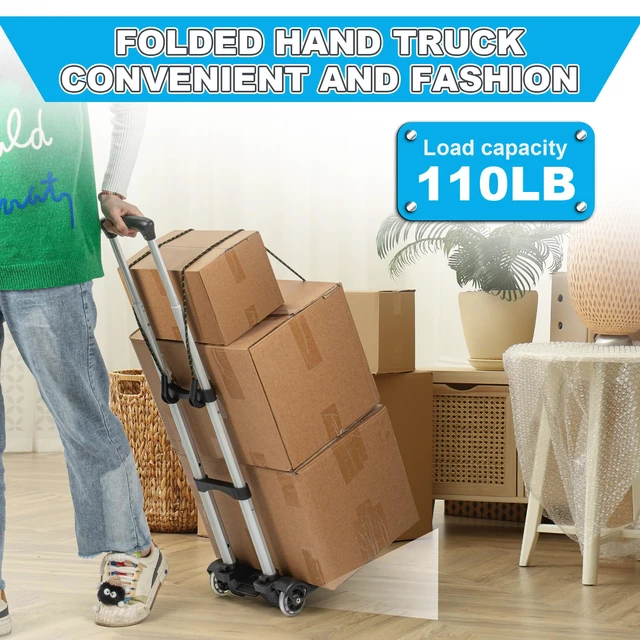 Alt view image 6 of 7 - Small Folding Hand Truck Dolly with 2 Wheels, Foldable Luggage Cart Lightweight Aluminum Collapsible Cart Portable Dolly for Airport Travel Moving Use