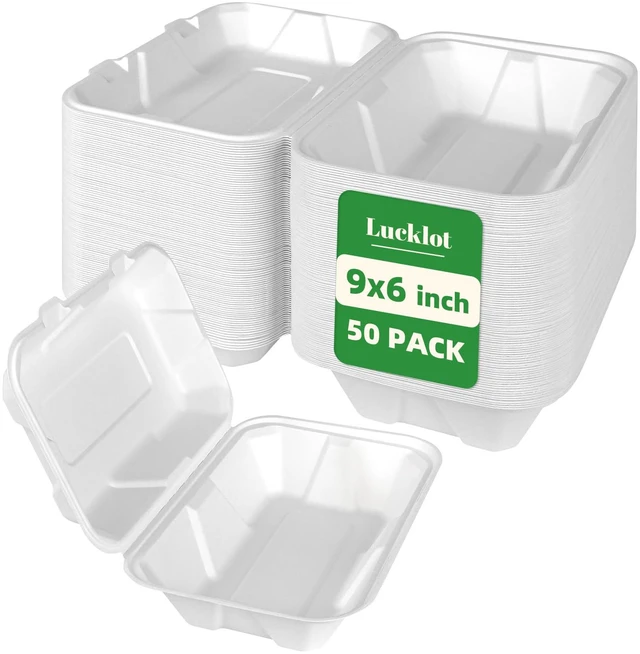 Main image of 50 Pack 9×6 Inch White Compostable Bagasse Take Out Food Containers To Go Disposable Lunch Box, Eco-Friendly Biodegradable Clamshell Containers with Lids, for Meals, Takeaway, Party, Picnic