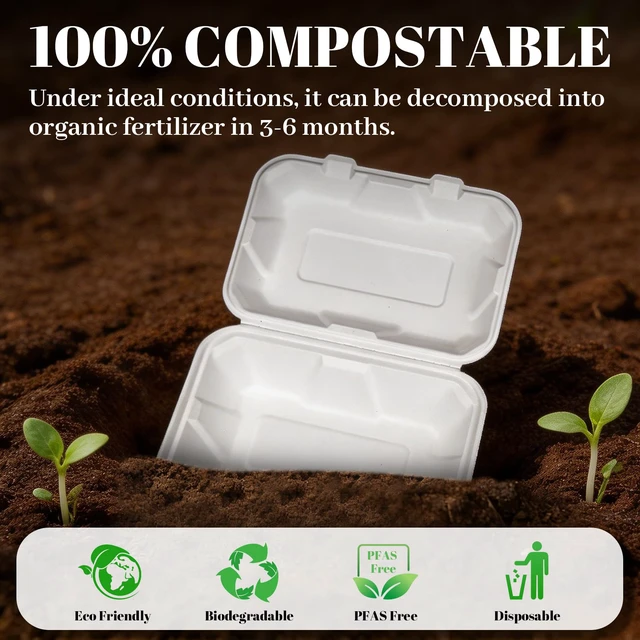 Alt view image 3 of 7 - 50 Pack 9×6 Inch White Compostable Bagasse Take Out Food Containers To Go Disposable Lunch Box, Eco-Friendly Biodegradable Clamshell Containers with Lids, for Meals, Takeaway, Party, Picnic