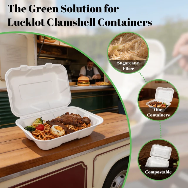Alt view image 4 of 7 - 50 Pack 9×6 Inch White Compostable Bagasse Take Out Food Containers To Go Disposable Lunch Box, Eco-Friendly Biodegradable Clamshell Containers with Lids, for Meals, Takeaway, Party, Picnic