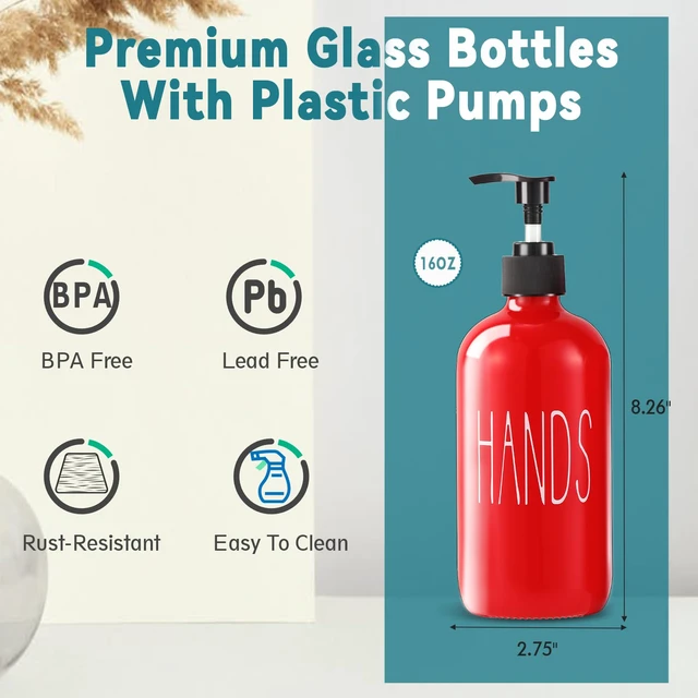 Alt view image 3 of 7 - Glass Soap Dispenser Set 2 Pack,16 Oz Dish Soap Dispenser for Kitchen Sink,Red Kitchen Accessories and Kitchen Decor,Red Decorations and Kitchen Utensils for Kitchen