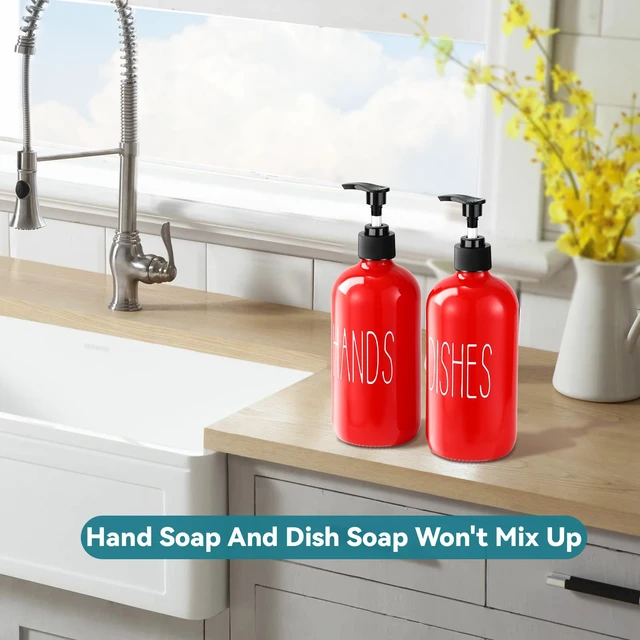 Alt view image 5 of 7 - Glass Soap Dispenser Set 2 Pack,16 Oz Dish Soap Dispenser for Kitchen Sink,Red Kitchen Accessories and Kitchen Decor,Red Decorations and Kitchen Utensils for Kitchen