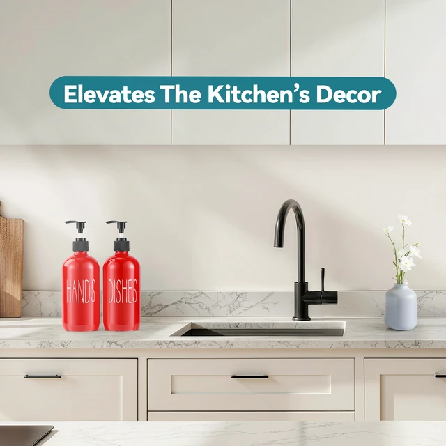 Alt view image 4 of 7 - Glass Soap Dispenser Set 2 Pack,16 Oz Dish Soap Dispenser for Kitchen Sink,Red Kitchen Accessories and Kitchen Decor,Red Decorations and Kitchen Utensils for Kitchen
