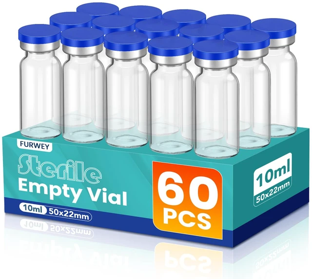 Main image of 10ML Sterile Vials, Glass Empty Vials for Injection, 60 Pack Sterile Vials with Self Healing Injection Port and Sealing Cap, Glass Sterile Vials for Injections