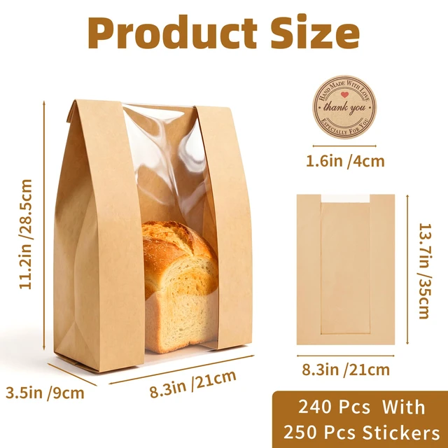 Alt view image 2 of 7 - 240 Pcs Paper Bread Bags for Homemade Bread Sourdough with Window Sourdough Bread Bags with 250 Sealing Stickers, Large Brown Bakery Bag, For Bakeries and Gifting