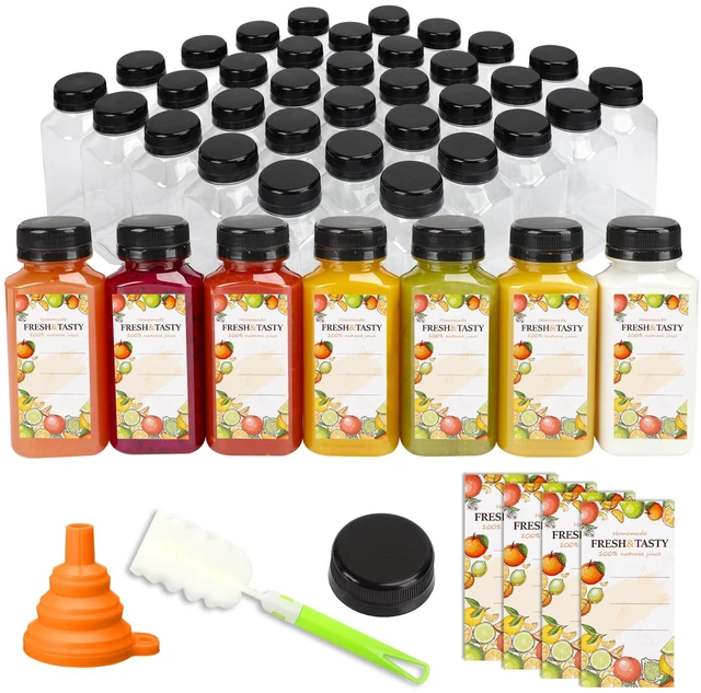 Main image of 45pcs 8oz Plastic Juice Bottles with Black Caps, Sticker Labels Empty Reusable Clear Bottles with Lids, Label, Funnel and Brush Beverage Containers Bulk for Juicing, Smoothies, drinkings