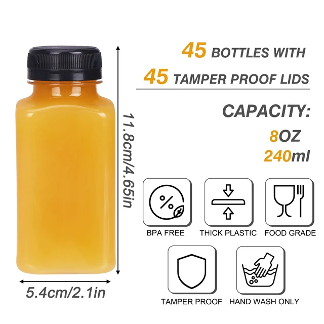 Alt view image 2 of 7 - 45pcs 8oz Plastic Juice Bottles with Black Caps, Sticker Labels Empty Reusable Clear Bottles with Lids, Label, Funnel and Brush Beverage Containers Bulk for Juicing, Smoothies, drinkings