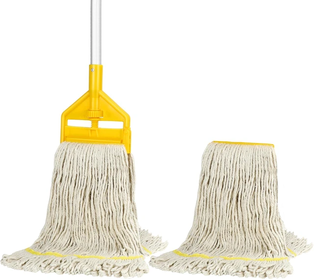 Main image of Commercial Mop Industrial Cotton Mop with Extra Replacement Head Heavy Duty Looped-End String Wet Mops | 59" Long Handle for Home,Garage,Office, Workshop, Warehouse Floor Cleaning