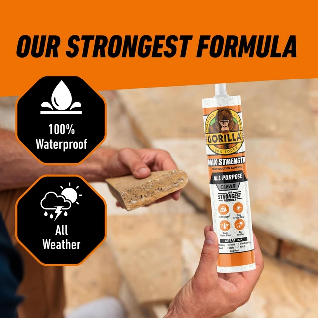 Alt view image 4 of 7 - Max Strength Construction Adhesive, 9 oz Cartridge (Pack of 3), Clear, Waterproof Gap-Filling Formula for Wood Metal Tile Stone Glass Mirror Indoor Outdoor, Paintable Sandable