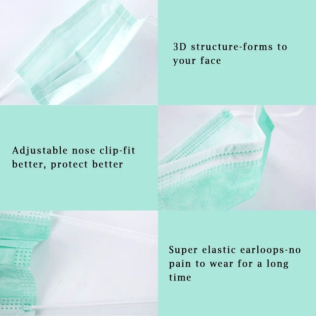 Alt view image 3 of 7 - Green Disposable Face Mask 100 Pcs Green Face Masks 3 Ply Protection Masks