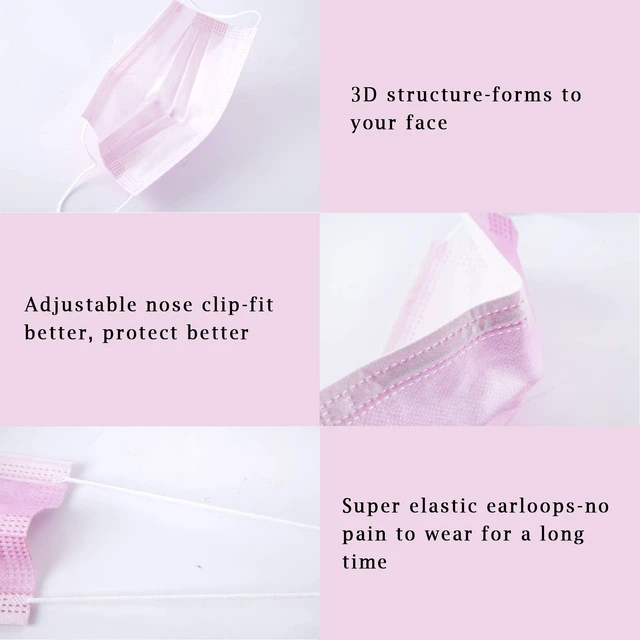 Alt view image 3 of 7 - Pink Disposable Face Mask 100 Pcs Pink Face Masks 3 Ply Protection Masks