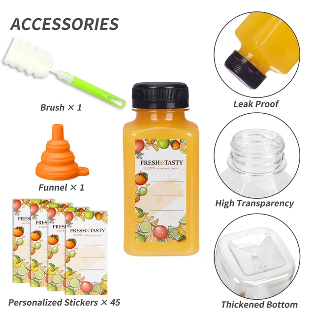 Alt view image 3 of 7 - 45pcs 8oz Plastic Juice Bottles with Black Caps, Sticker Labels Empty Reusable Clear Bottles with Lids, Label, Funnel and Brush Beverage Containers Bulk for Juicing, Smoothies, drinkings