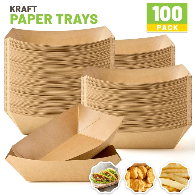 Alt view image 3 of 7 - 100 Pack 4 LB Large Paper Food Trays Disposable, Kraft Paper, Nacho Trays, Food Boats, Party Serving Basket, For Nachos Sandwiches Burgers Popcorns Salads Snacks