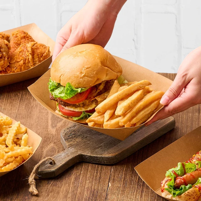 Alt view image 5 of 7 - 100 Pack 4 LB Large Paper Food Trays Disposable, Kraft Paper, Nacho Trays, Food Boats, Party Serving Basket, For Nachos Sandwiches Burgers Popcorns Salads Snacks