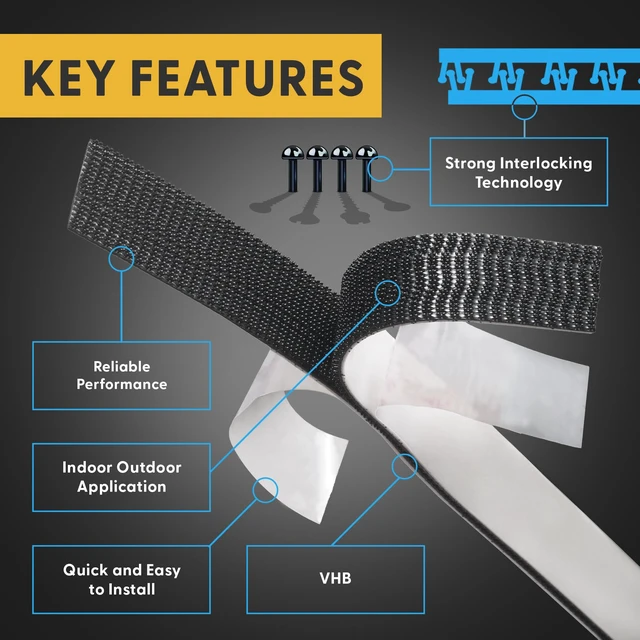 Alt view image 7 of 7 - Industrial Strength - 10FT + Scissors Black Indoor/Outdoor Adhesive Mounting Tape - Self Mating Reclosable Fastener Compatible with 3M SJ3550 / SJ3560 Dual Lock