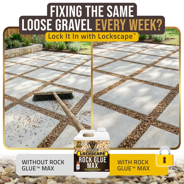Alt view image 2 of 7 - Max Rock Glue for Landscaping, Pet-Safe & Non-Toxic (USA-Made), 32 Oz Sticky Clear Gravel Binder & Decomposed Granite Stabilizer - Lockdown Gravel/Pebbles/Stones, Mulch Glue for Rocks (50 Sq Ft)