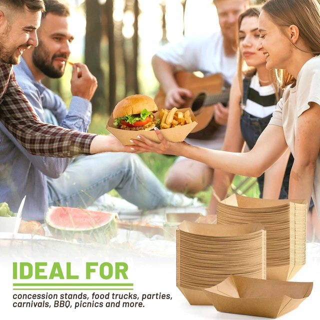 Alt view image 7 of 7 - 100 Pack 4 LB Large Paper Food Trays Disposable, Kraft Paper, Nacho Trays, Food Boats, Party Serving Basket, For Nachos Sandwiches Burgers Popcorns Salads Snacks