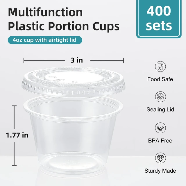 Alt view image 2 of 7 - 400 Set 4 oz Portion Cups, Jello Shot Cups with Lids, Disposable Plastic Condiment Dipping Sauce Cup, Small Containers for Salad Dressing