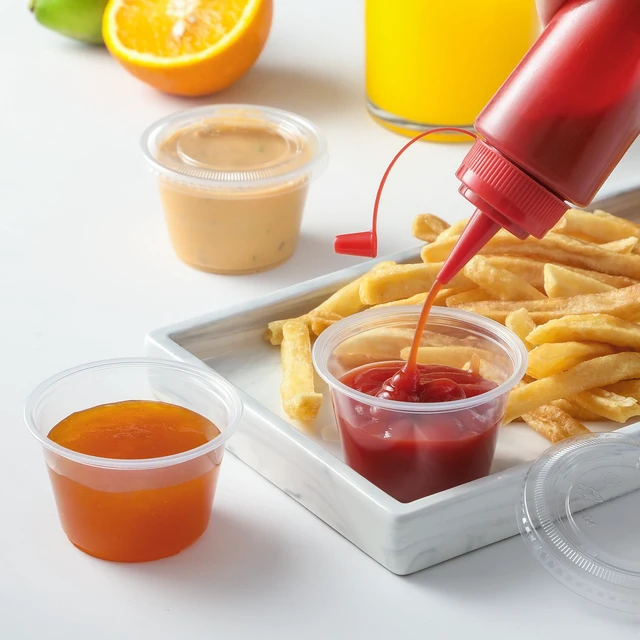 Alt view image 4 of 7 - 400 Set 4 oz Portion Cups, Jello Shot Cups with Lids, Disposable Plastic Condiment Dipping Sauce Cup, Small Containers for Salad Dressing
