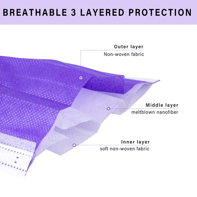 Alt view image 2 of 7 - Purple Disposable Face Mask 100 Pcs Purple Face Masks 3 Ply Protection Masks