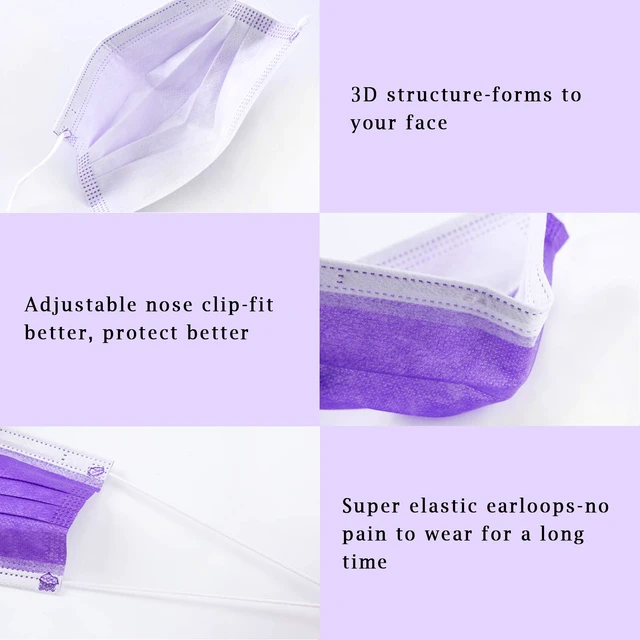 Alt view image 3 of 7 - Purple Disposable Face Mask 100 Pcs Purple Face Masks 3 Ply Protection Masks