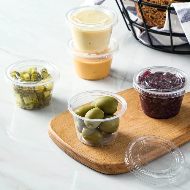 Alt view image 7 of 7 - 400 Set 4 oz Portion Cups, Jello Shot Cups with Lids, Disposable Plastic Condiment Dipping Sauce Cup, Small Containers for Salad Dressing