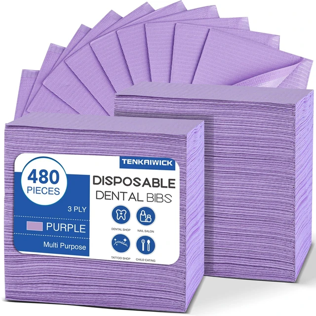 Main image of 480 Pack Disposable Dental Bibs 13"x18", 3-Ply Waterproof Tattoo Bibs Sheet for Nail Salon, Dental Clinic, Feeding, Tattoo Shop (Purple)