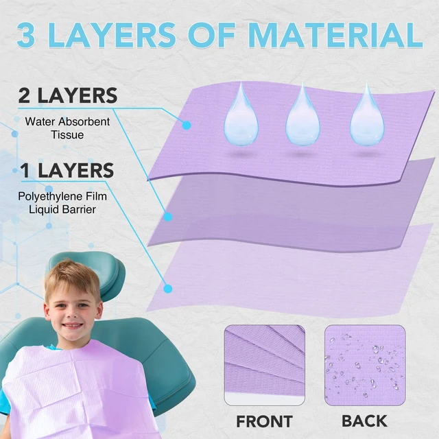 Alt view image 3 of 6 - 160 Pack Disposable Dental Bibs 13"x18"3-Ply Waterproof Tattoo Bibs Sheet for Nail SalonDental ClinicFeedingTattoo Shop (Purple)