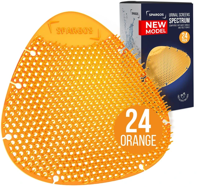 Main image of Urinal Screen Deodorizer, 24 Pack Orange Cakes 24 anti-splash urinal cakes, orange spectrum, 3D wave. Odor control for office, stadium, school restrooms. Gloves incl