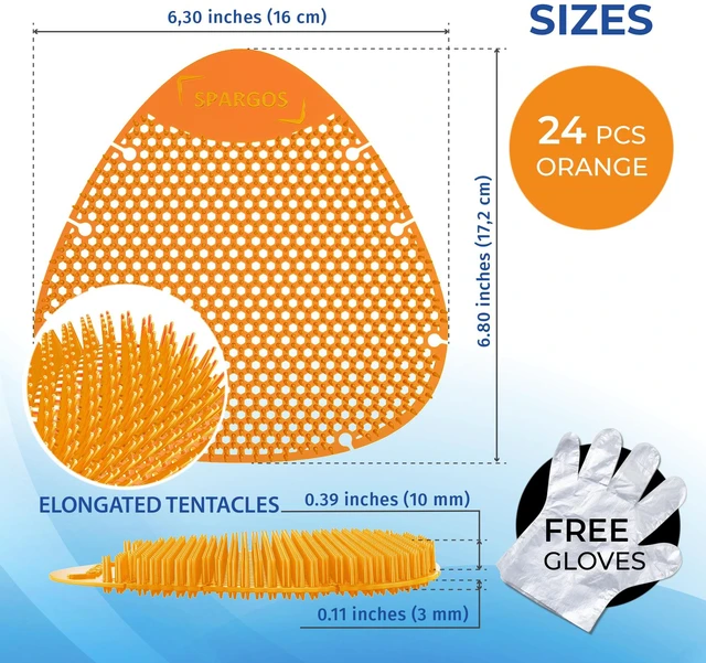 Alt view image 2 of 7 - Urinal Screen Deodorizer, 24 Pack Orange Cakes 24 anti-splash urinal cakes, orange spectrum, 3D wave. Odor control for office, stadium, school restrooms. Gloves incl