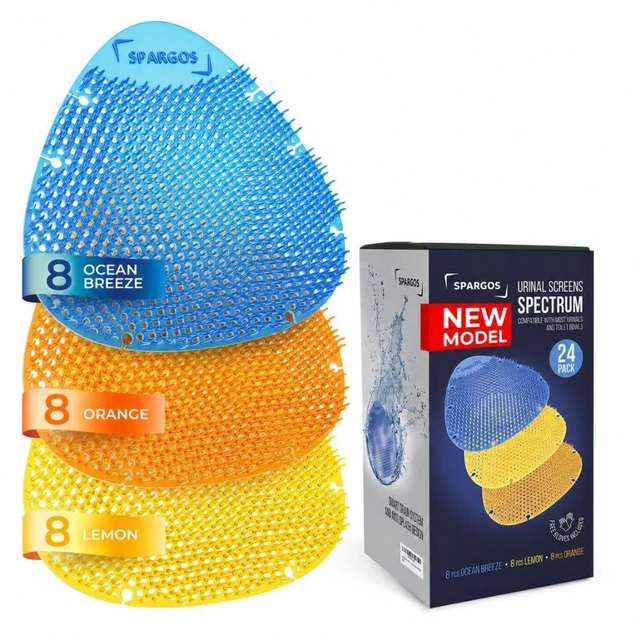 Main image of Urinal Screen Deodorizer, 24 Pack, Anti-Splash Cakes 24 urinal cakes in blue, yellow and orange, 3D wave. Odor control for office, stadium, school restrooms. Gloves incl