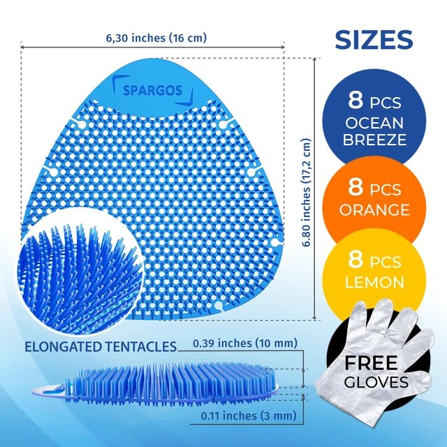 Alt view image 2 of 6 - Urinal Screen Deodorizer, 24 Pack, Anti-Splash Cakes 24 urinal cakes in blue, yellow and orange, 3D wave. Odor control for office, stadium, school restrooms. Gloves incl