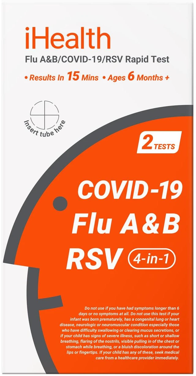Main image of RSV Test + Flu A/B + COVID-19, 4-in-1 COVID Flu RSV Test, 2 Tests 15-Minute Results, FDA Authorized OTC At-Home Rapid Test for ages 6 months and Up, Non-Invasive Nasal Swab