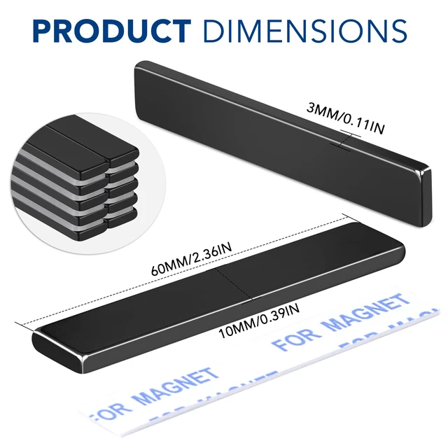 Alt view image 3 of 6 - Strong Neodymium Magnets with Adhesive Backing, 50 Pack, 60x10x3 mm Powerful Rare Earth Bar Magnets, Waterproof Black Magnetic Magnet Strips Heavy Duty for Craft, Kitchen, DIY, Office