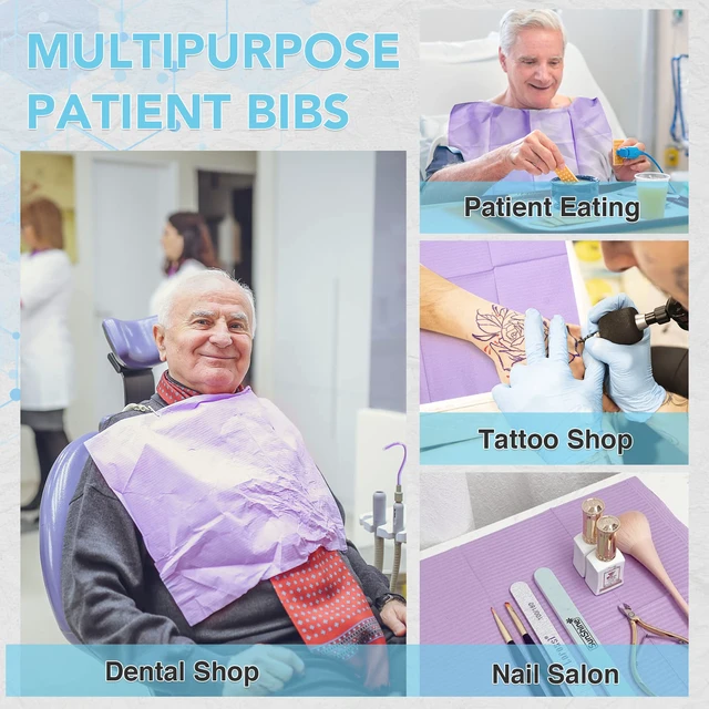 Alt view image 6 of 6 - 160 Pack Disposable Dental Bibs 13"x18"3-Ply Waterproof Tattoo Bibs Sheet for Nail SalonDental ClinicFeedingTattoo Shop (Purple)