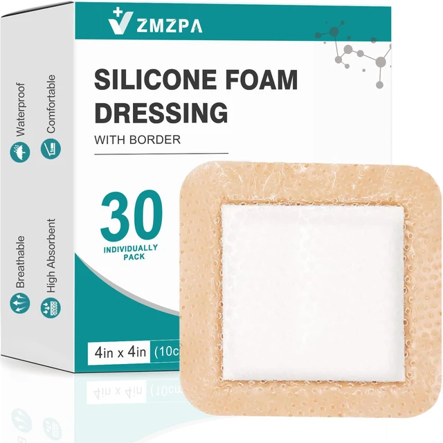 Main image of 30 Pcs Silicone Foam Dressing 4x4 Gentle Border, Waterproof Silicone Bandages for Wounds Care, Bed Sore Patches, Super Absorbent Wound Dressing, Self Adhesive Pressure Sore Pads