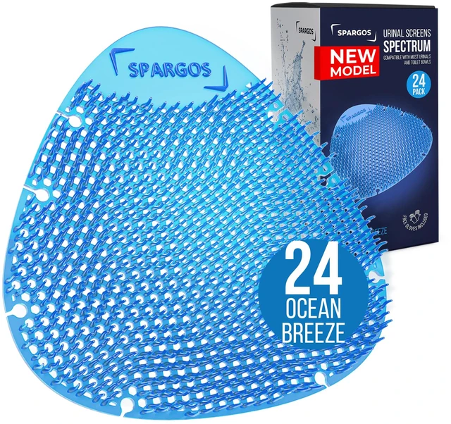 Main image of Urinal Screen Deodorizer, 24 Pack Blue Cakes 24 anti-splash urinal cakes, blue spectrum, 3D wave. Odor control for office, stadium, school restrooms. Gloves incl