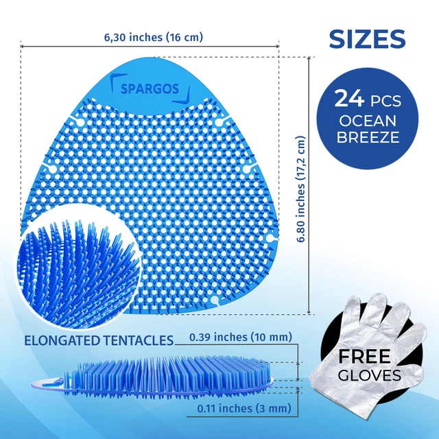 Alt view image 2 of 7 - Urinal Screen Deodorizer, 24 Pack Blue Cakes 24 anti-splash urinal cakes, blue spectrum, 3D wave. Odor control for office, stadium, school restrooms. Gloves incl
