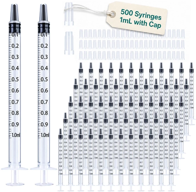 Main image of 500 Pack 1ml Syringe with Cap for Liquid, 1cc Plastic Small Syringes without Needle with Cover, Non-Sterile, No Needle