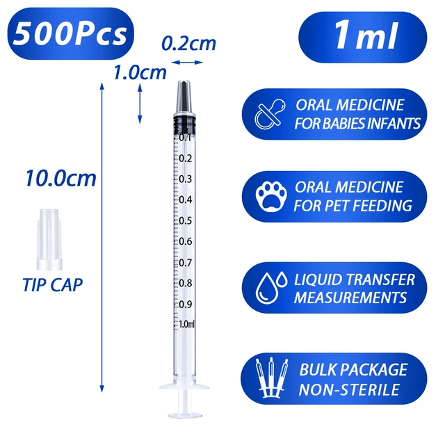 Alt view image 2 of 6 - 500 Pack 1ml Syringe with Cap for Liquid, 1cc Plastic Small Syringes without Needle with Cover, Non-Sterile, No Needle
