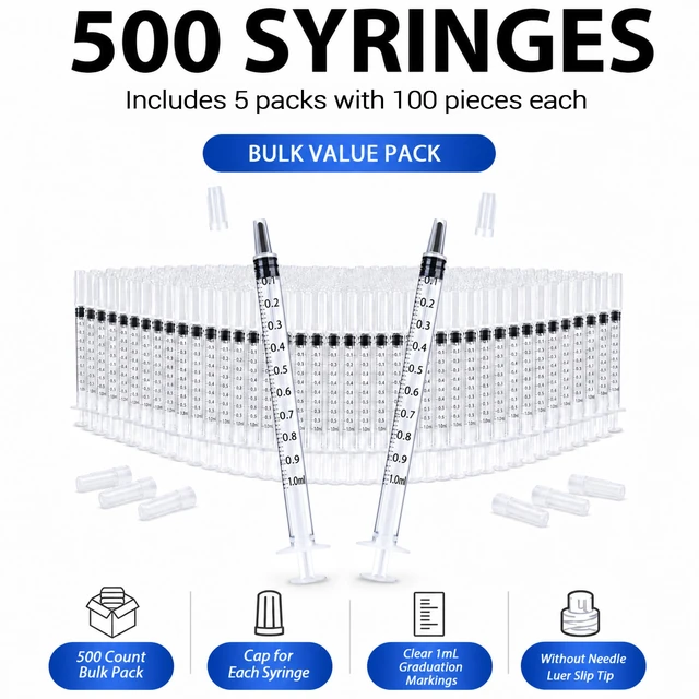 Alt view image 3 of 6 - 500 Pack 1ml Syringe with Cap for Liquid, 1cc Plastic Small Syringes without Needle with Cover, Non-Sterile, No Needle