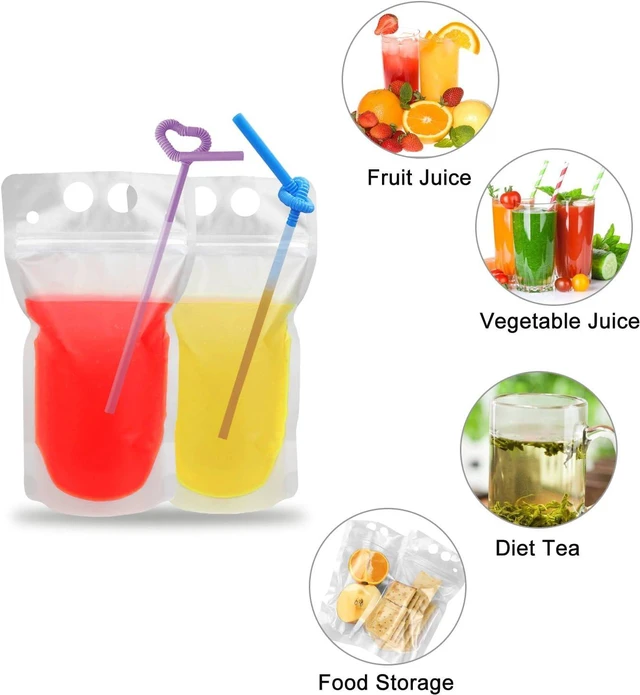 Alt view image 2 of 7 - 200 Pcs Drink Pouches with 200 Straw Holes Freezable Juice Pouch Translucent Reclosable Zipper Plastic Pouches Drink Bags for Cold & Hot Drinks for Adults and Kids