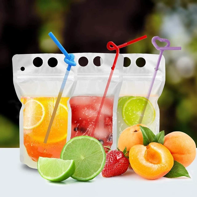 Alt view image 3 of 7 - 200 Pcs Drink Pouches with 200 Straw Holes Freezable Juice Pouch Translucent Reclosable Zipper Plastic Pouches Drink Bags for Cold & Hot Drinks for Adults and Kids