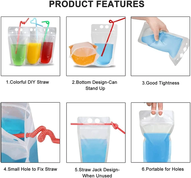 Alt view image 7 of 7 - 200 Pcs Drink Pouches with 200 Straw Holes Freezable Juice Pouch Translucent Reclosable Zipper Plastic Pouches Drink Bags for Cold & Hot Drinks for Adults and Kids