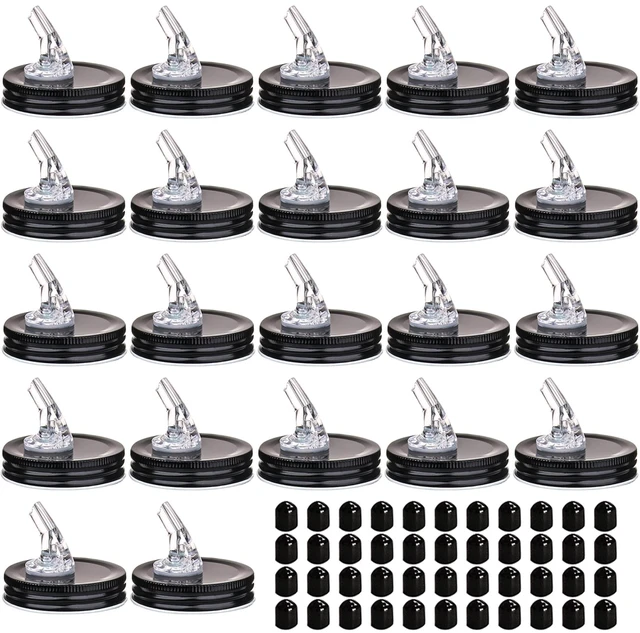 Main image of Mason Jar Pour Spouts. free flow Mason Jar Pour Spouts, mason jar for spout regular mouth size 70mm dispenser germination cover. Leak-Proof 22-Pack + 44 Black Lid Caps (22 Pack BlacK)