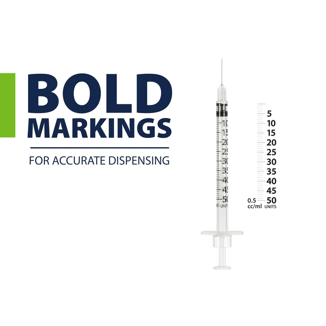 Alt view image 4 of 7 - EasyTouch U-100 Pet Insulin Syringes (29G 0.5cc 1/2") - 100 ct. Compatible with U-100 Insulin, 50 Unit Capacity, 1/2" Needle Length, Half-Unit Markings, Box of 100