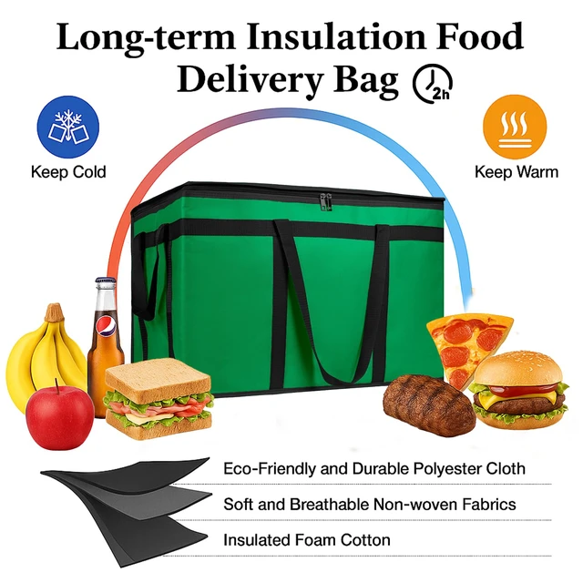 Alt view image 2 of 6 - 3 Pack Insulated Food Delivery Bags, XXXL Catering Cooler Bag Green Keeps food hot or frozen for grocery shopping, catering, pizza and rideshare delivery; great for travel and car trips