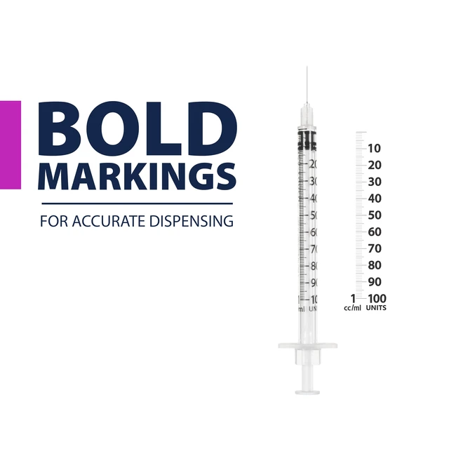 Alt view image 4 of 7 - EasyTouch U-100 Pet Insulin Syringes (28G 1.0cc 1/2") - 100 ct. Compatible with U-100 Insulin, 100 Unit Capacity, 1/2" Needle Length, Half-Unit Markings, Box of 100
